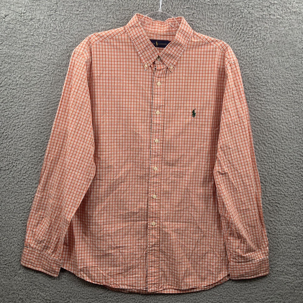 Ralph Lauren Shirt Mens Extra Large Orange Green Pony Plaid Button Up Polo RL